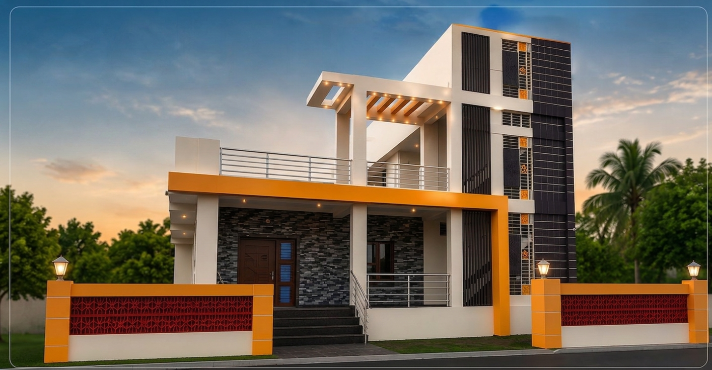 Mustard and charcoal contemporary villa exterior