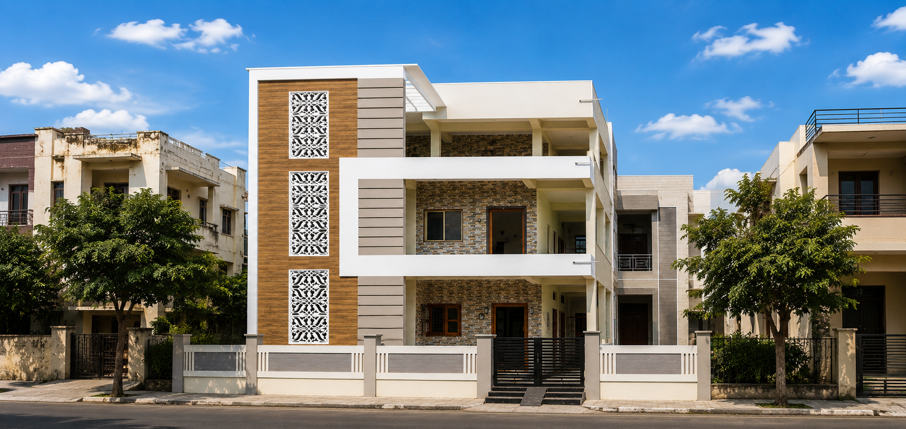 Wood and stone layered apartment facade with jali detailing