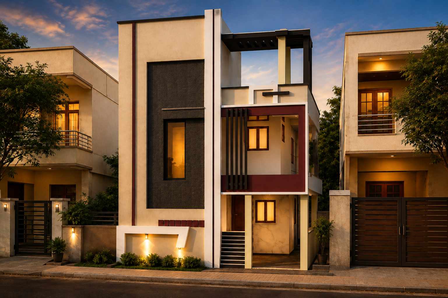 Cream, charcoal and burgundy villa exterior at dusk