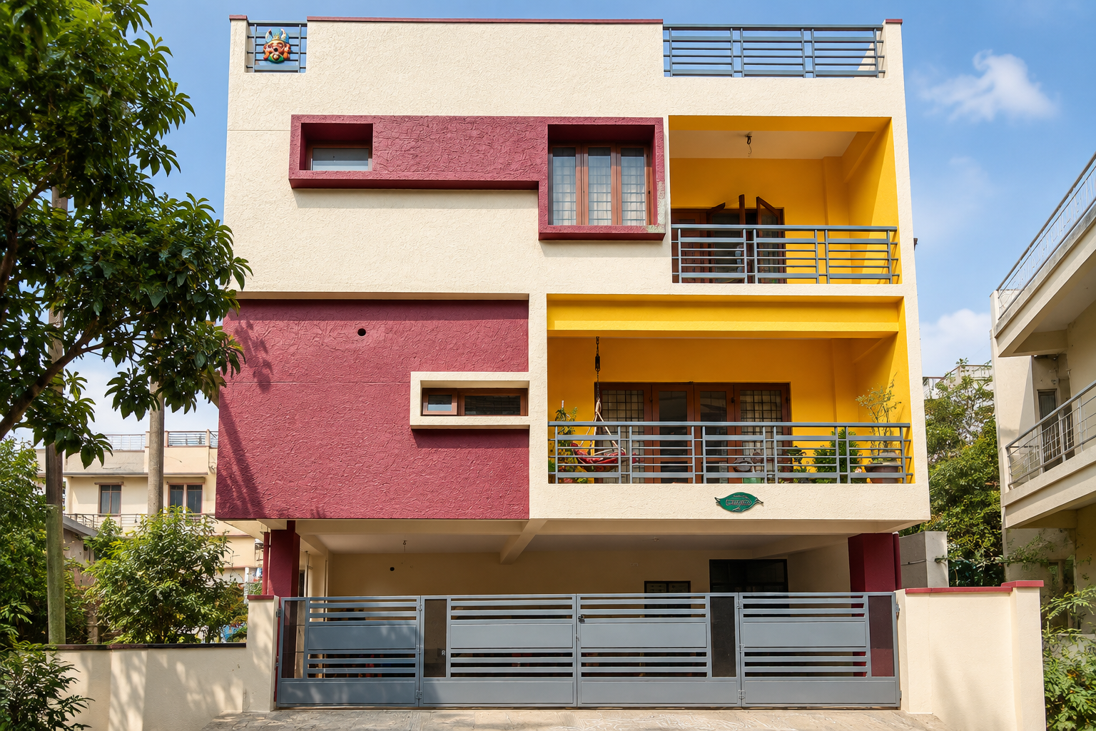 Coral and ochre multi-storey apartment elevation