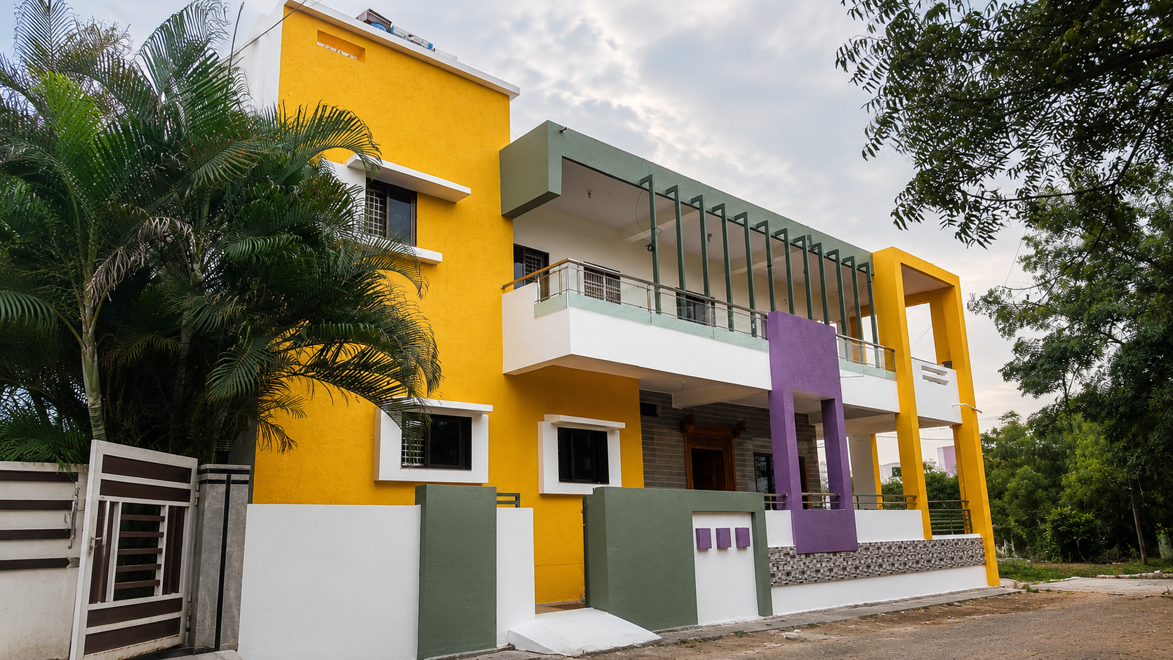 Mustard, sage and plum contemporary villa exterior