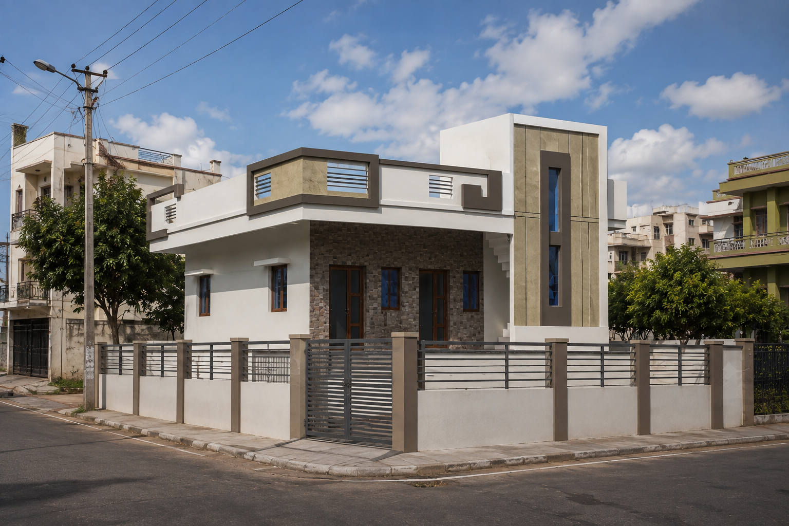 White and taupe corner-plot residence exterior
