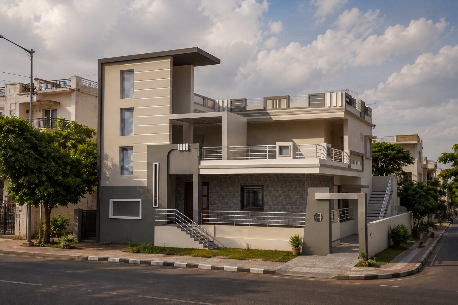 Grey and stone minimalist apartment elevation